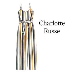 CHARLOTTE RUSSE Black/White/Yellow Striped Jumpsuit Sz S EUC